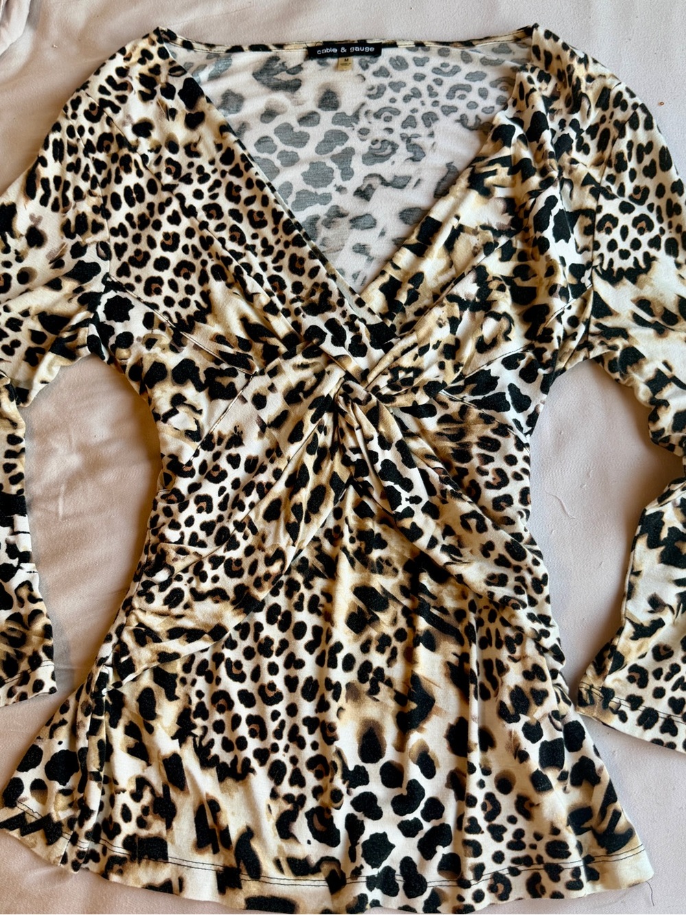 Cable & Gauge Leopard Print Wrap-Style Top in Beige and Black - Picture 4 of 8